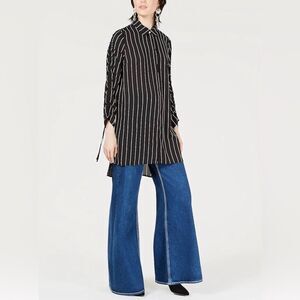 Bar II Women's Pinstripe Button Up Tunic. Ruched tie sleeves, High- to Tunic.